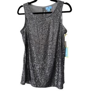 CeCe Sz L Silver Gray Sequined Sleeveless Top NWT